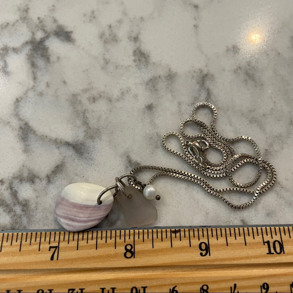 925 silver necklace with shell, sea glass and pearl charms - Picture 9 of 10